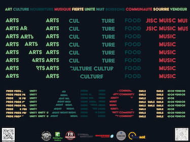 Nuit Blanche poster with the logos of the event's sponsors and activities available, including art, culture, food, and music.