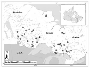 Distribution of selected study lakes with both current and historic fish Hg concentration data for at least one target fish species. Tang 2011