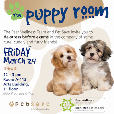Puppy room poster on March 24th from 12 to 3 p.m. in room A-113 of the Arts Building.