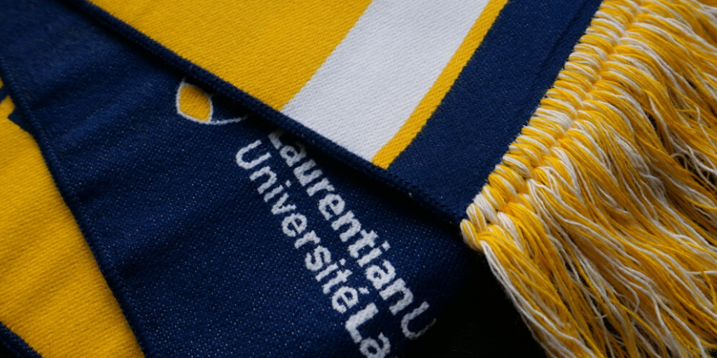 Laurentian University's blue, yellow and white scarf
