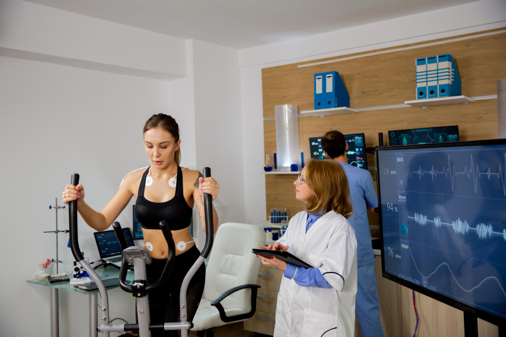 A woman on an elliptical with vital monitoring equipment on her and a researcher observing her.