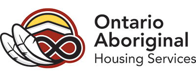 Ontario Aboriginal Housing Services logo, with feathers and an infinity sign next to it