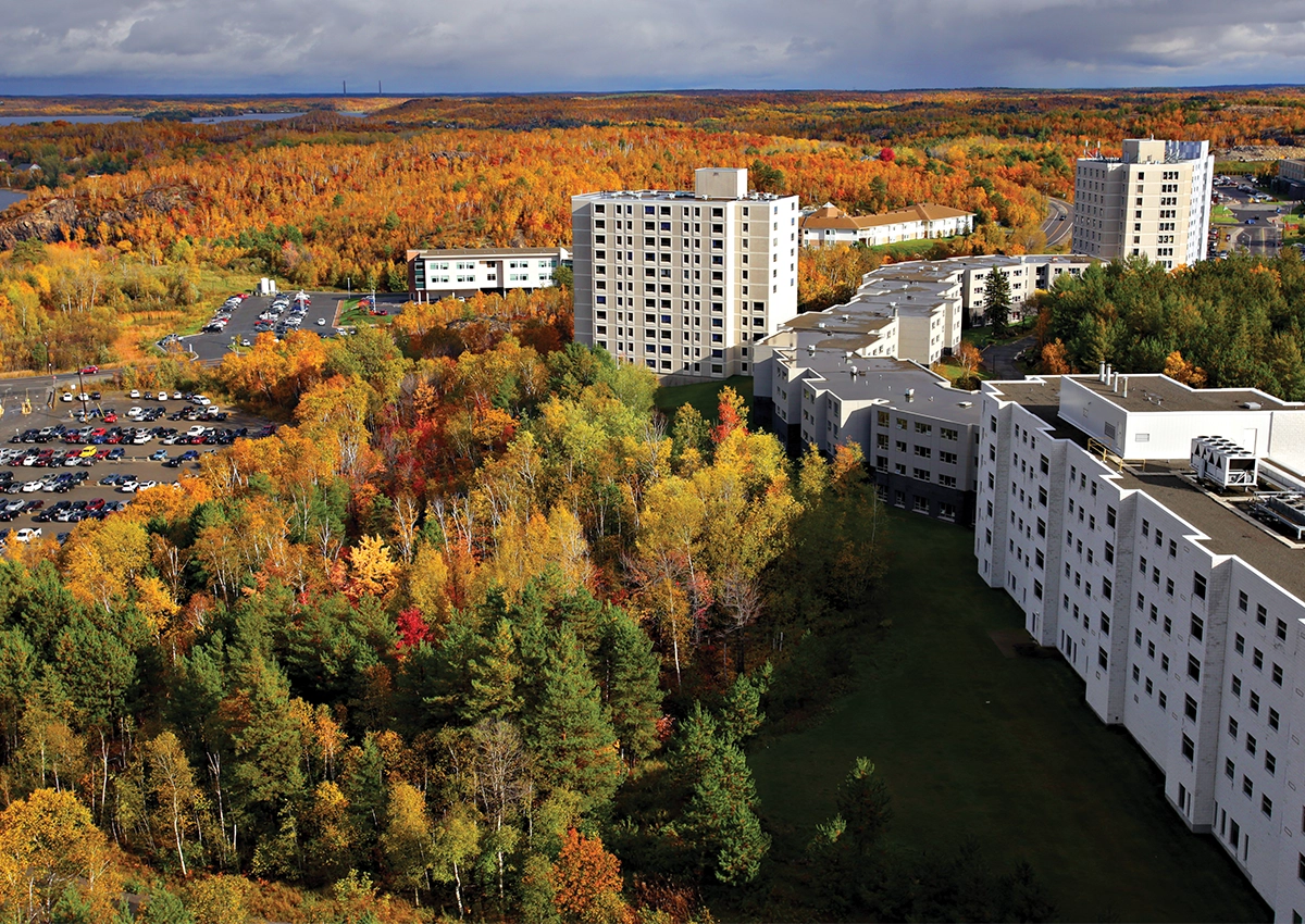 An aerial view of Laurentian University's residences in the Fall.