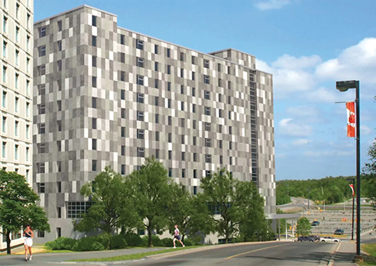 the outside of east residence on a sunny day