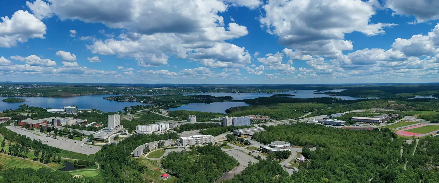 Laurentian University campus aerial perspective in summer