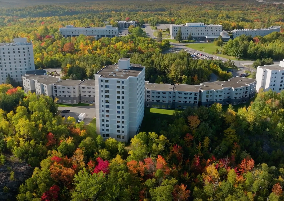 An aerial shot of the Laurentian University residences in the Fall.