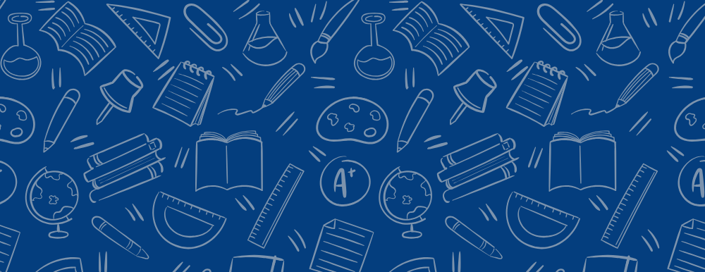 A repeating pattern of white, chalk-style line drawings of various school supplies.