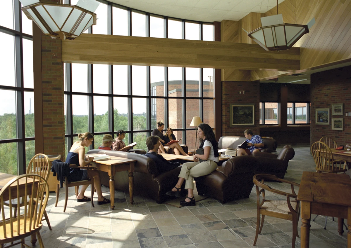 Students studying and chatting in the Brenda Walllace Reading room, located in Laurentian University’s the J.N. Desmarais Library.