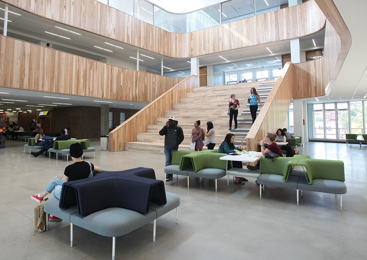 Laurentian University students in the Atrium in the R.D. Parker Building.