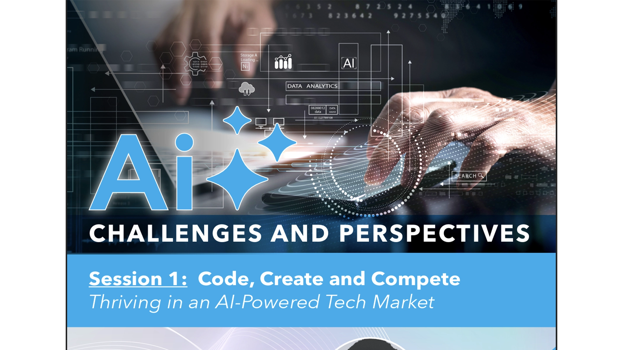 Event poster for Code, Create and Compete: Thriving in an AI-Powered Tech Market.