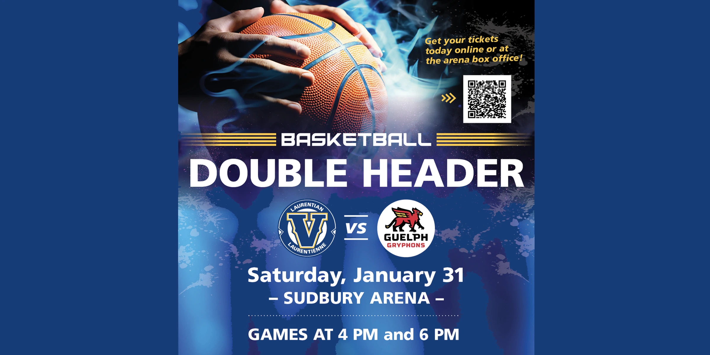 The event poster for the Double Header basketball game: a hand holding a basketball with blue graphics.