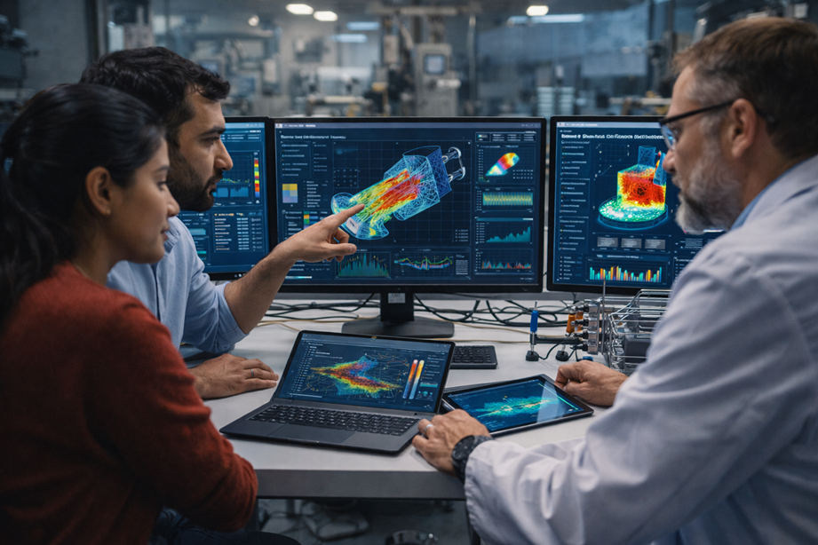 3 scientists doing fluid analysis on a computer
