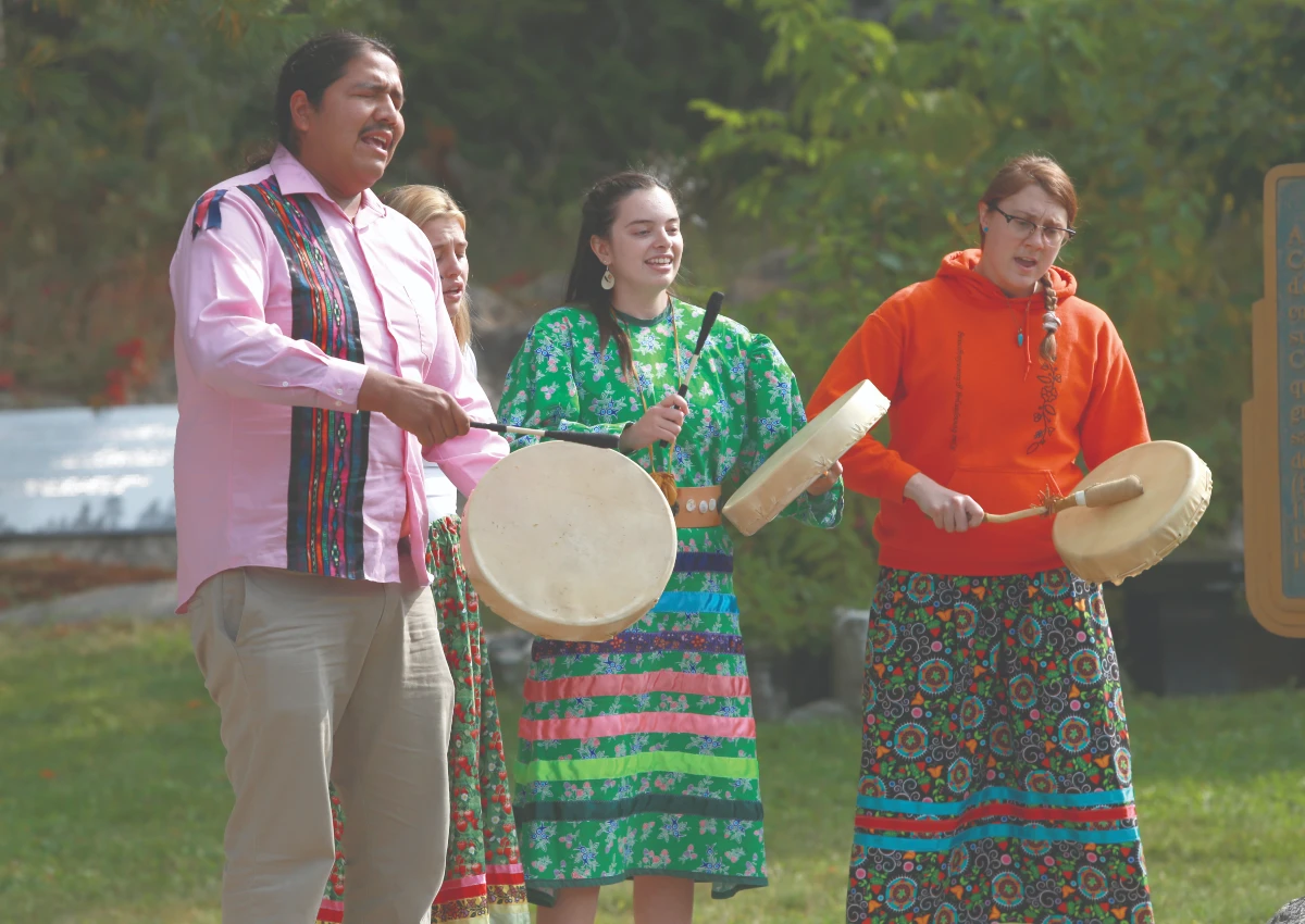 Members of Laurentian University's Indigenous Staff and Teachers participate in a drumming session