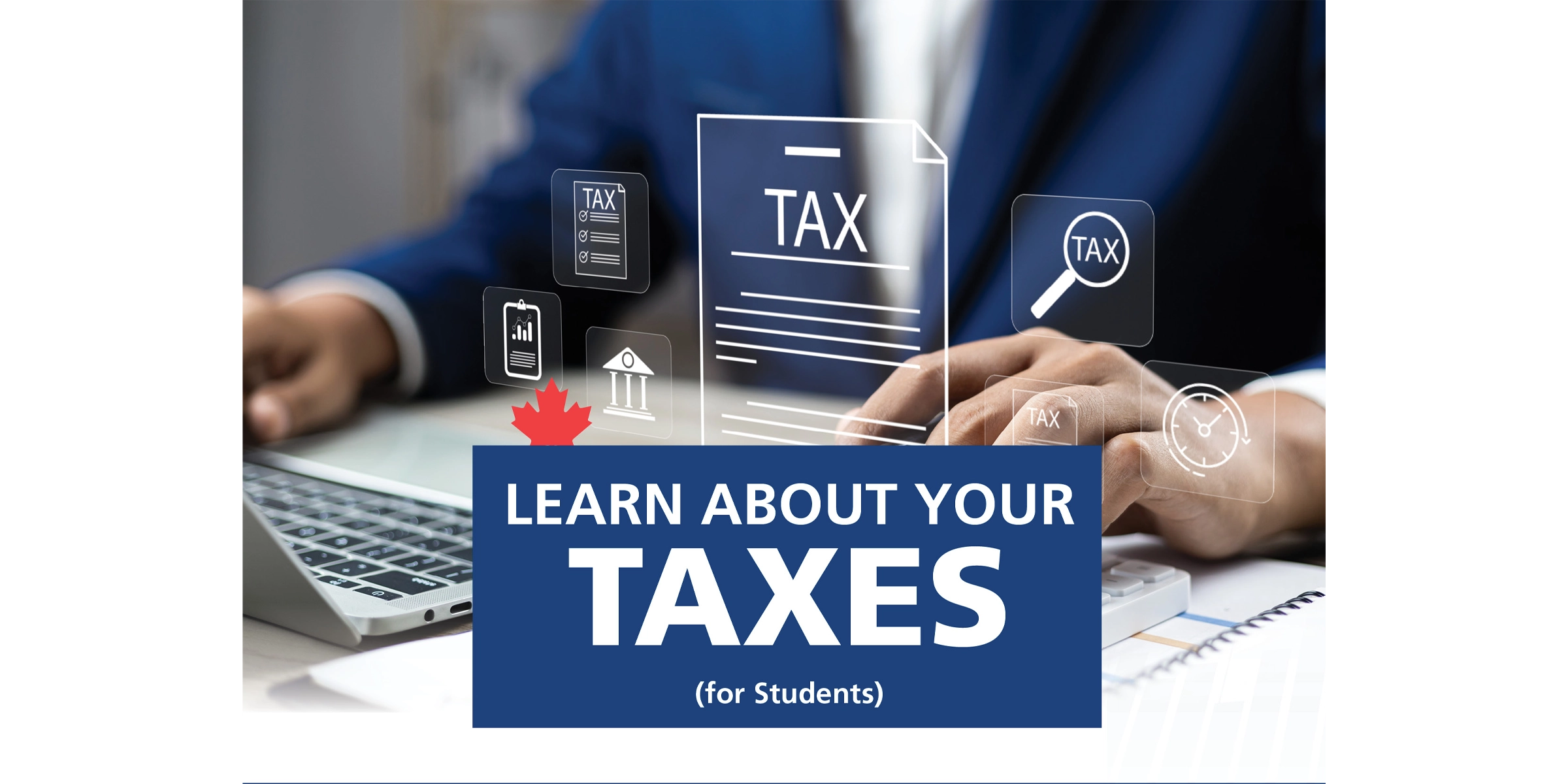 A man wearing a blue suit sits at a laptop with a clear, hologram-like tax form floating above the keyboard.