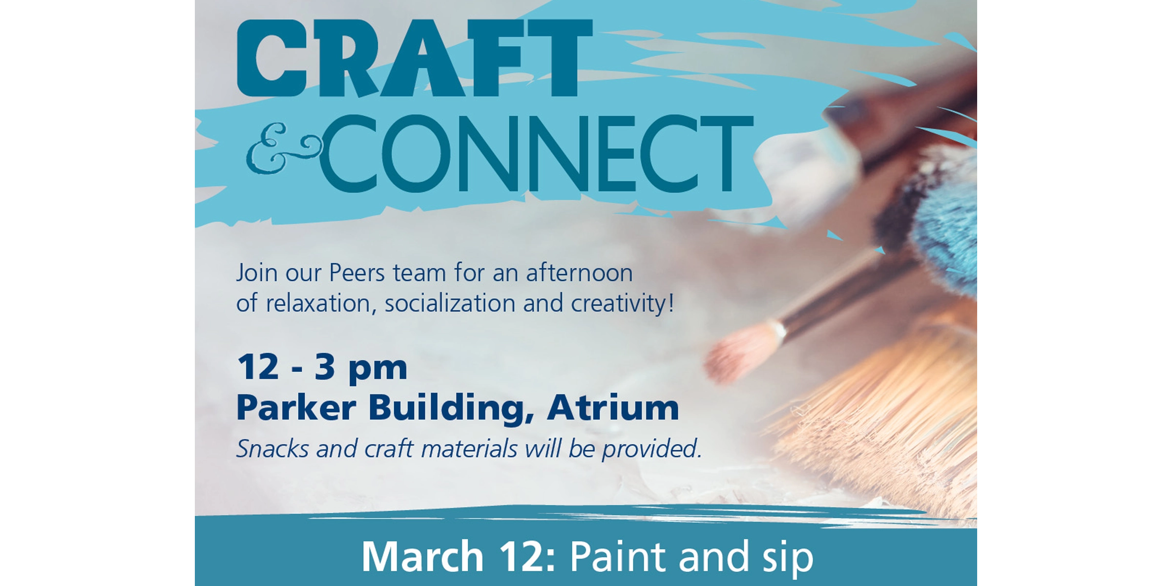 Paintbrushes laid out on a grey background. To the left of the paintbrushes, the words Craft & Connect are displayed along with event details in small print.