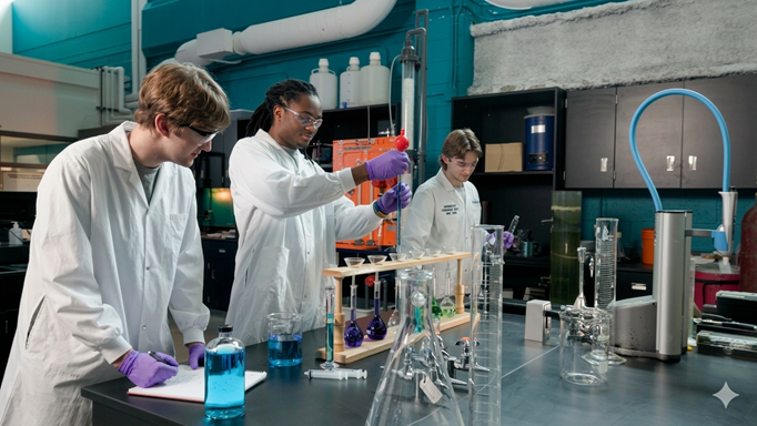 3 people in white lab coats doing an experiment