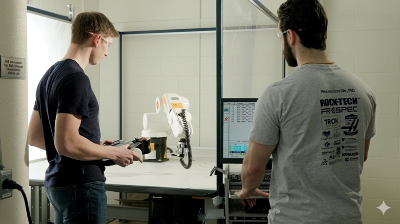 2 people working with a robotic arm