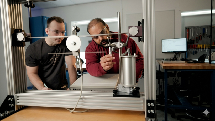 2 people working with a mechatronics machine