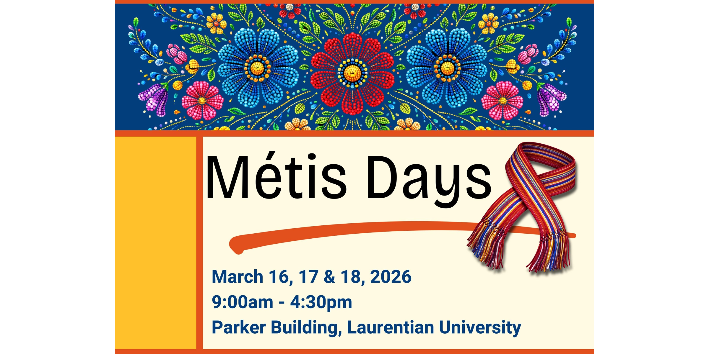 Promotional graphic for Métis Days: a blue floral pattern above a yellow background.