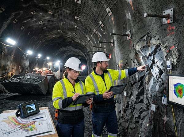 Two people in an underground mine looking at the rockwall
