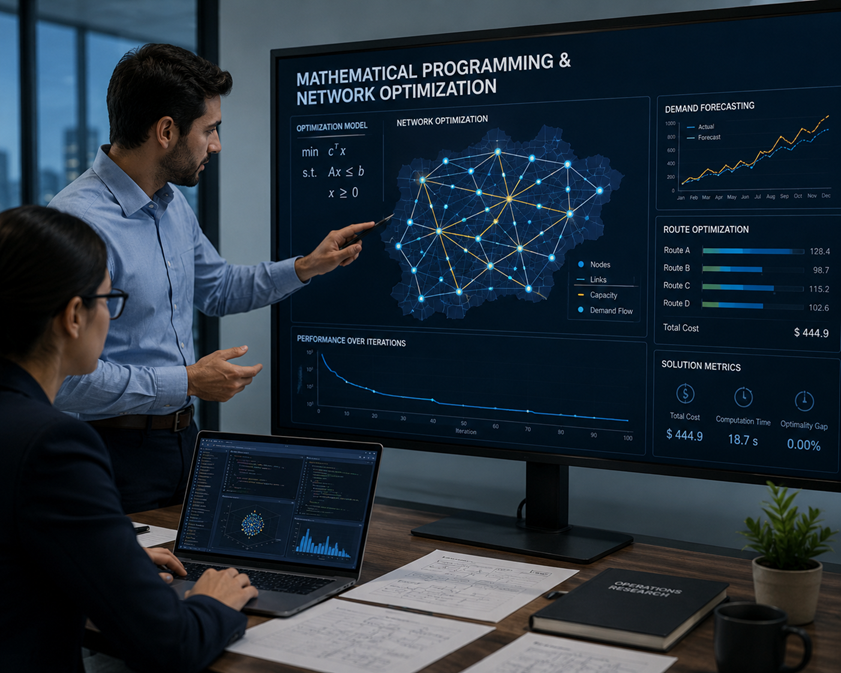 Two people in front of a screen doing Mathematical programming