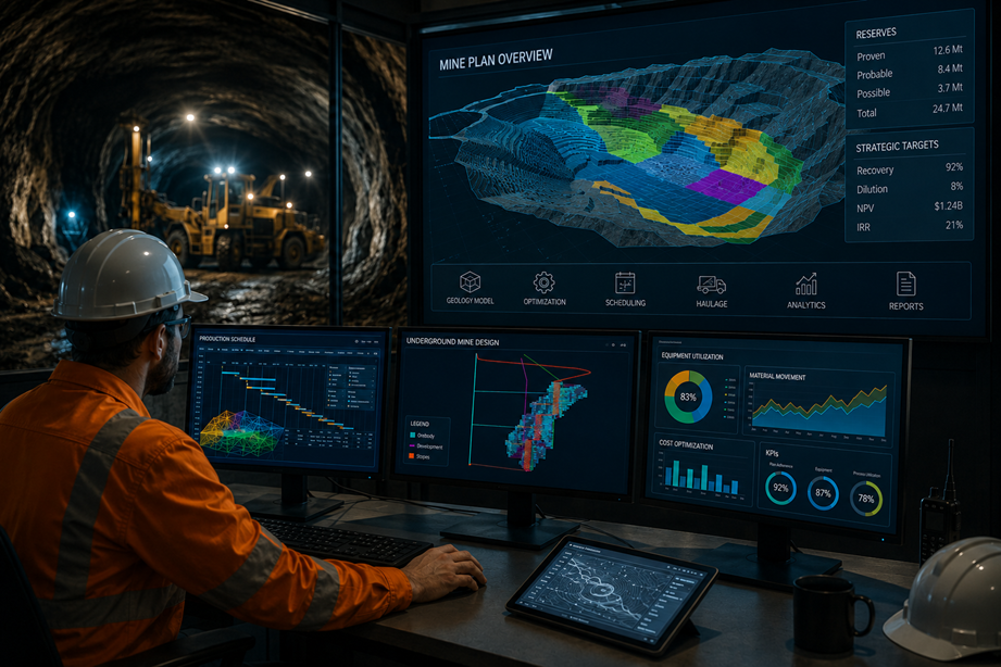 Person inside a man in front of some screens with a mine planning program