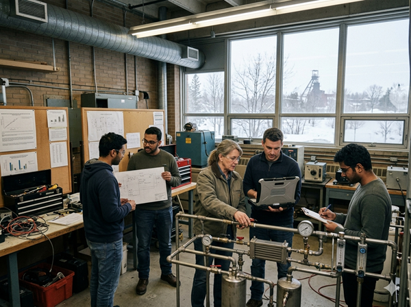 5 people in a lab, can see a window with snow outside.