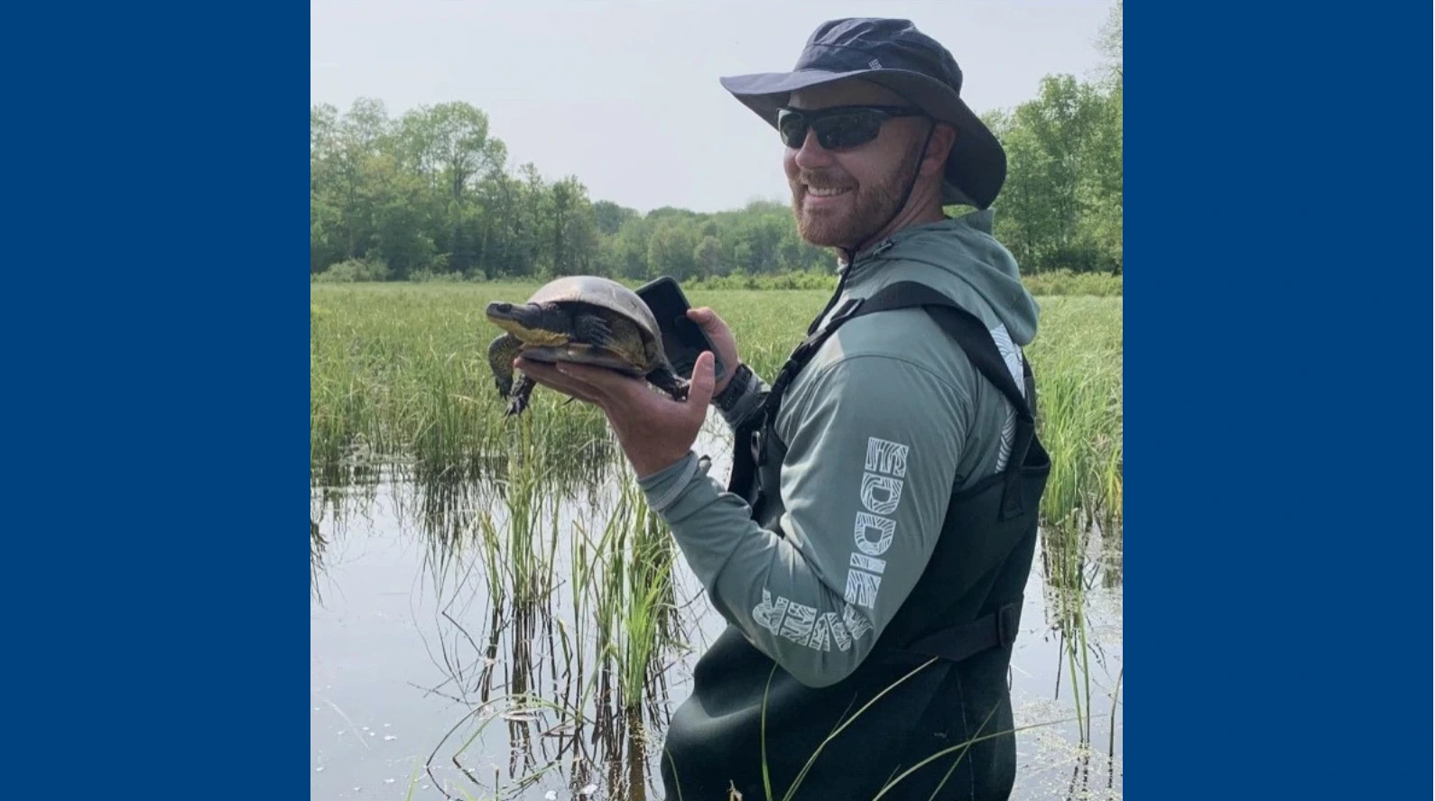 Biologist Aidan Maloney smiling while standing in a marshy wetland in chest waders, holding a large Blanding's Turtle safely in one hand and a smartphone for data collection in the other.