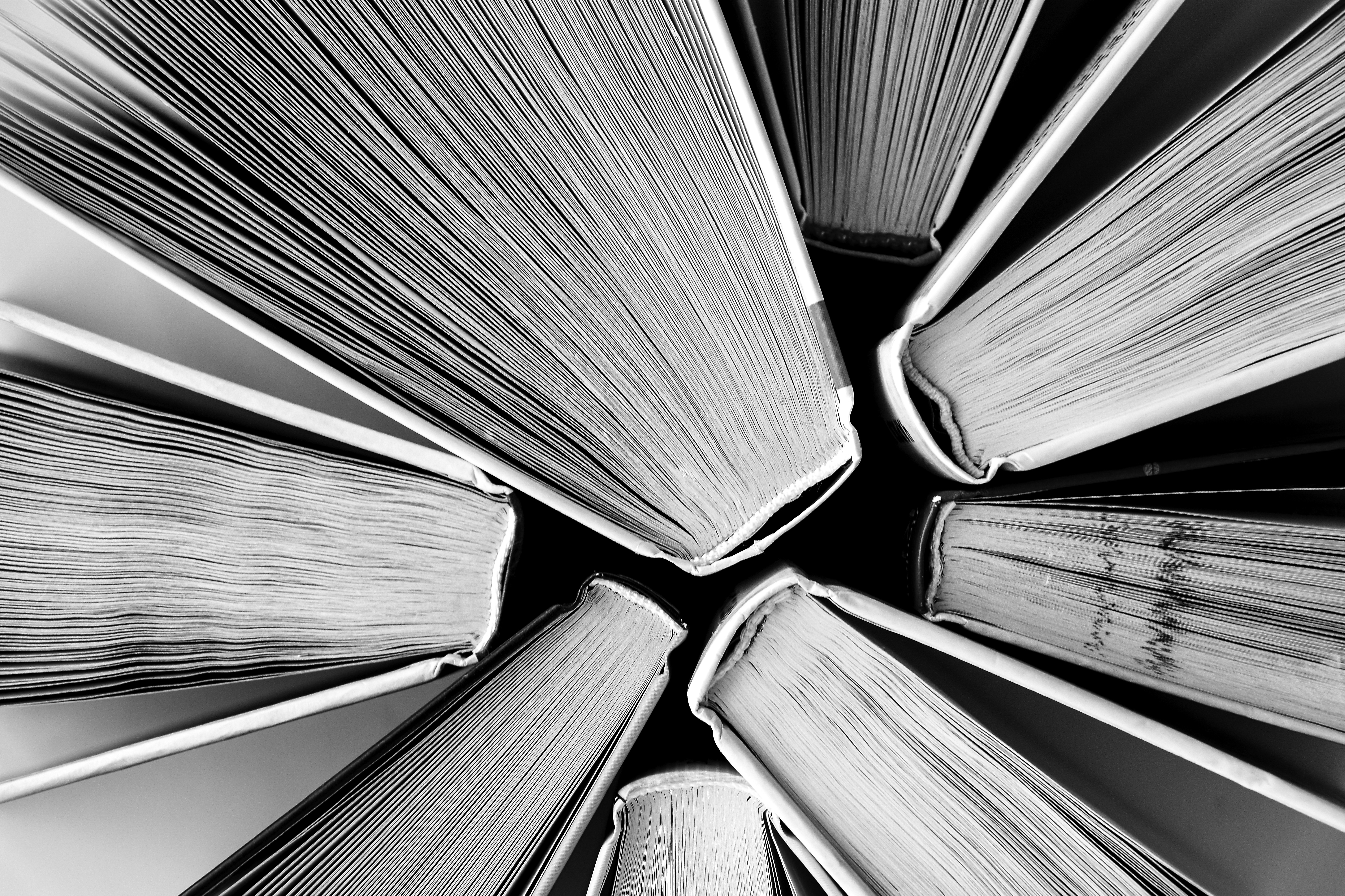 Close-up of several books arranged in a circular pattern with their pages facing inward.
