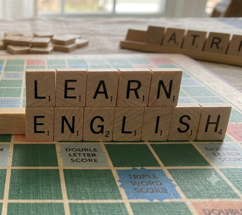 Image of scrabble letters on a scrabble board that spell "Learn English"