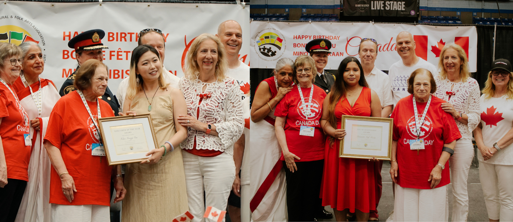 Two side-by-side photos showing Laurentian MBA students receiving awards at the Greater Sudbury Canada Day celebrations: Fengyi (Felice) Guo on the left holding her "Newcomer of the Year" certificate, and Samanta Saif Kristy on the right holding her "Youth Leadership Award" certificate, both posing with event organizers and community members.