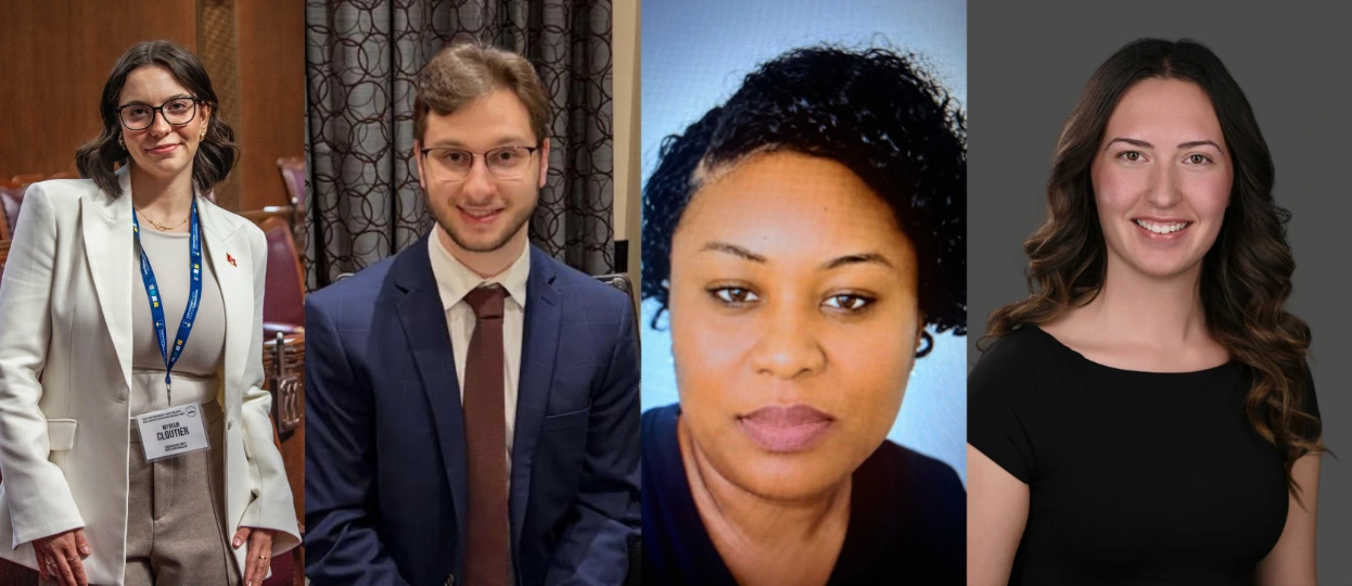 Four side-by-side headshots from left to right: Myriam Cloutier in a white blazer with a name tag; Matteo Rocca wearing a navy suit and burgundy tie; Justine Djedje looking forward against a blue backdrop; and Maryse Jolicoeur smiling in a black shirt against a gray background.