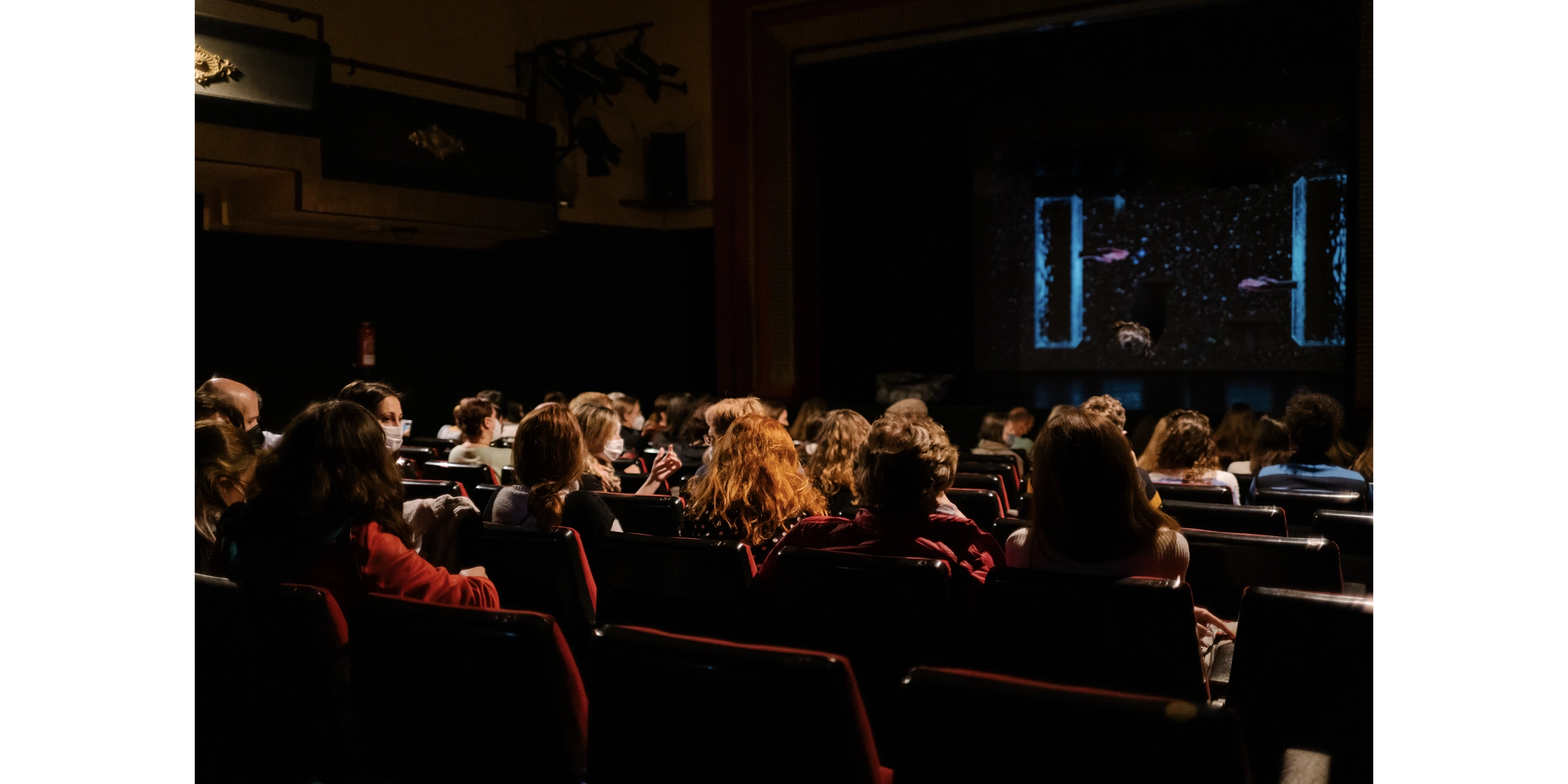 Un groupe de spectateurs assis dans une salle de cinéma, les yeux rivés sur l'écran.