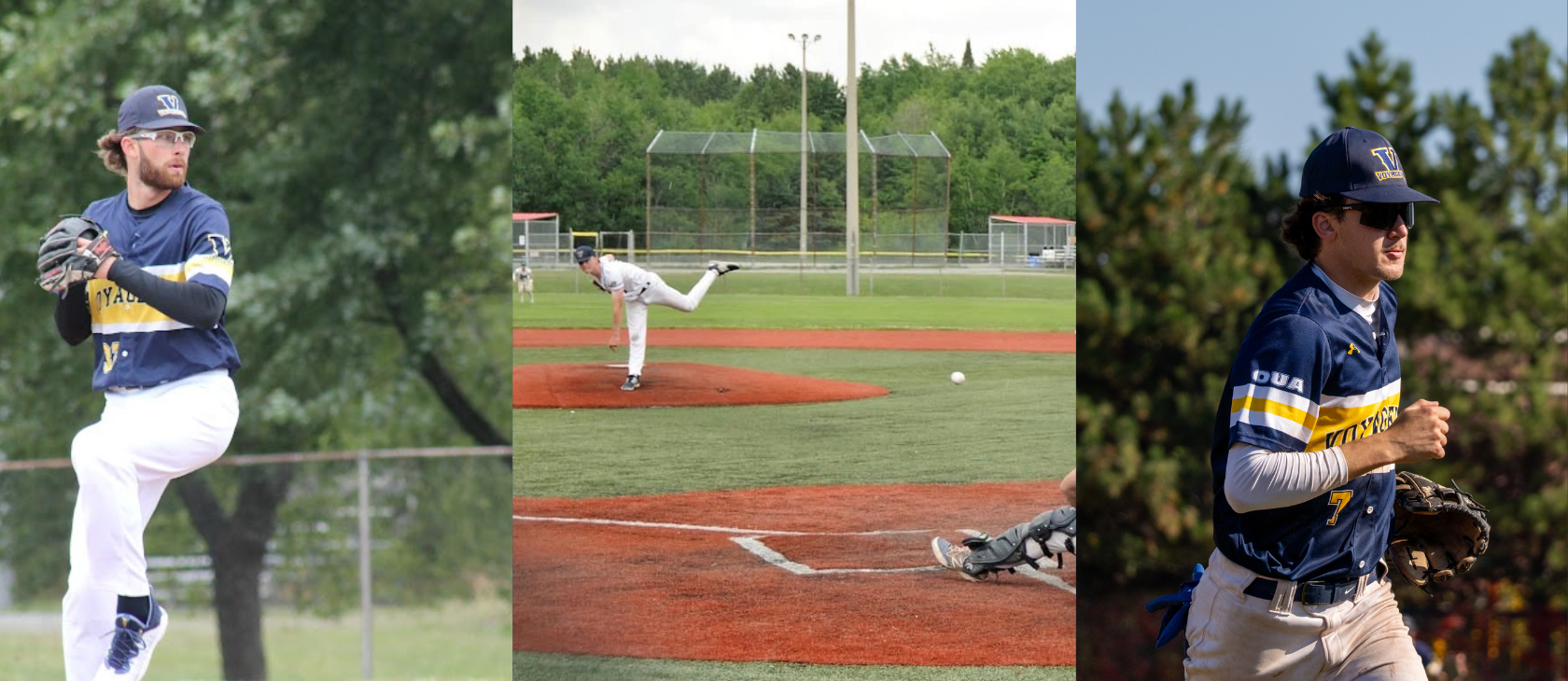 Three-panel composite photo featuring Laurentian baseball players: Ryan Lacasse in motion on the left, freshman pitcher Will Burns delivering a pitch on the mound in the center, and shortstop Devan Madore jogging across the field in uniform holding his glove on the right.