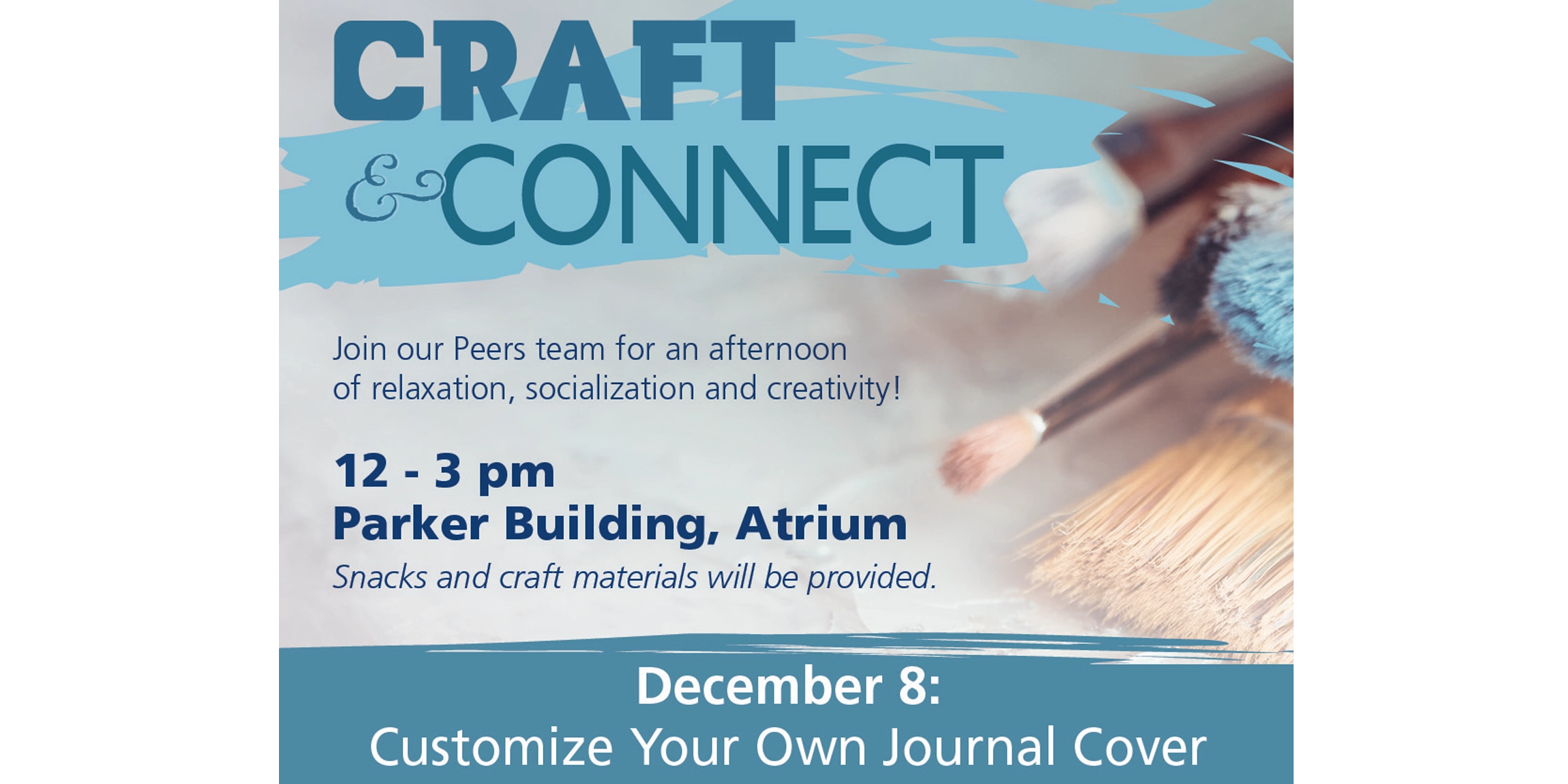 Blue text which reads Craft and Connect, next to a bundle of paintbrushes on a grey background.