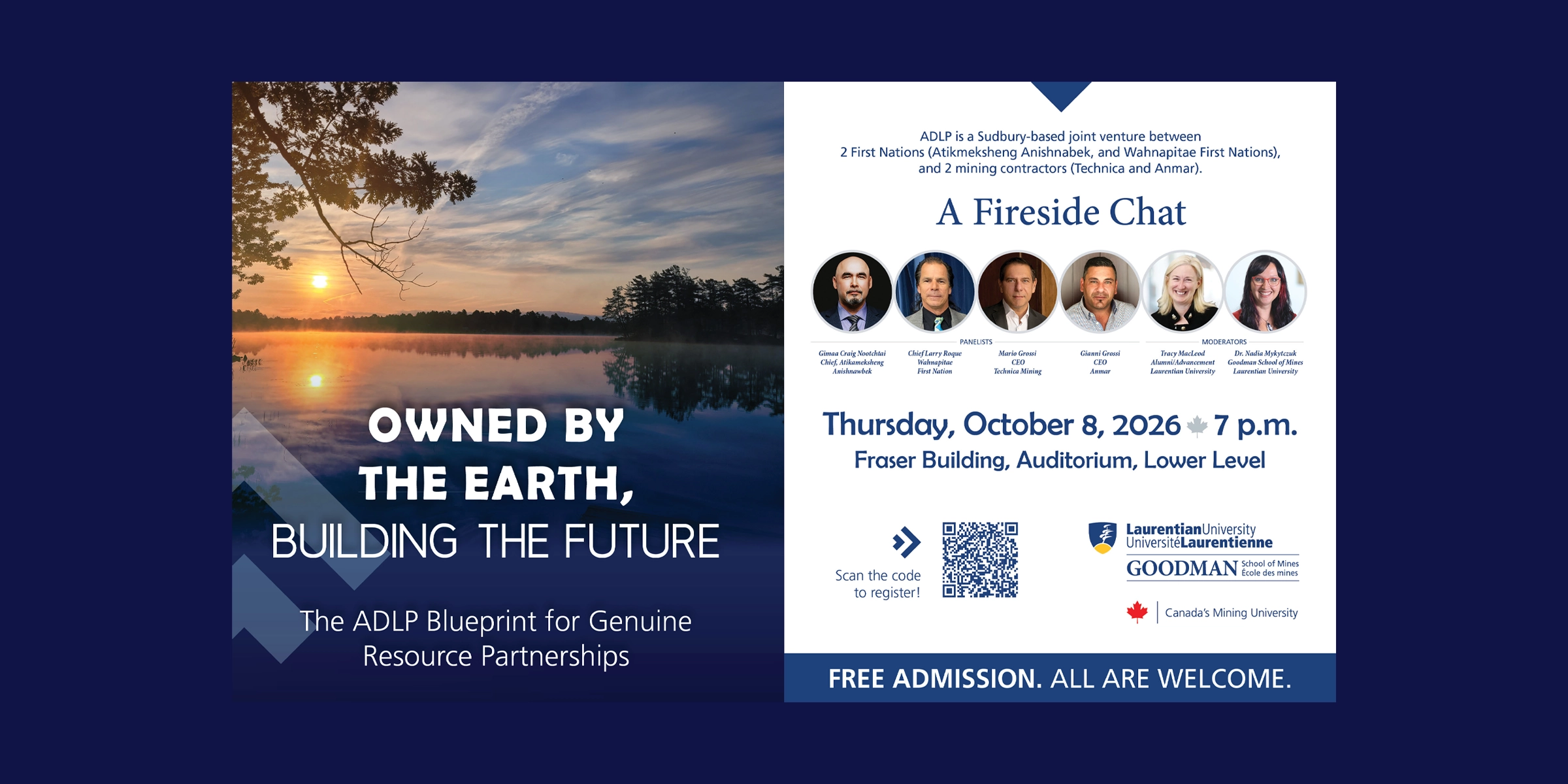 Promotional graphic for A Fireside Chat, featuring a lake landscape in the background and the portraits of each of the panelists.