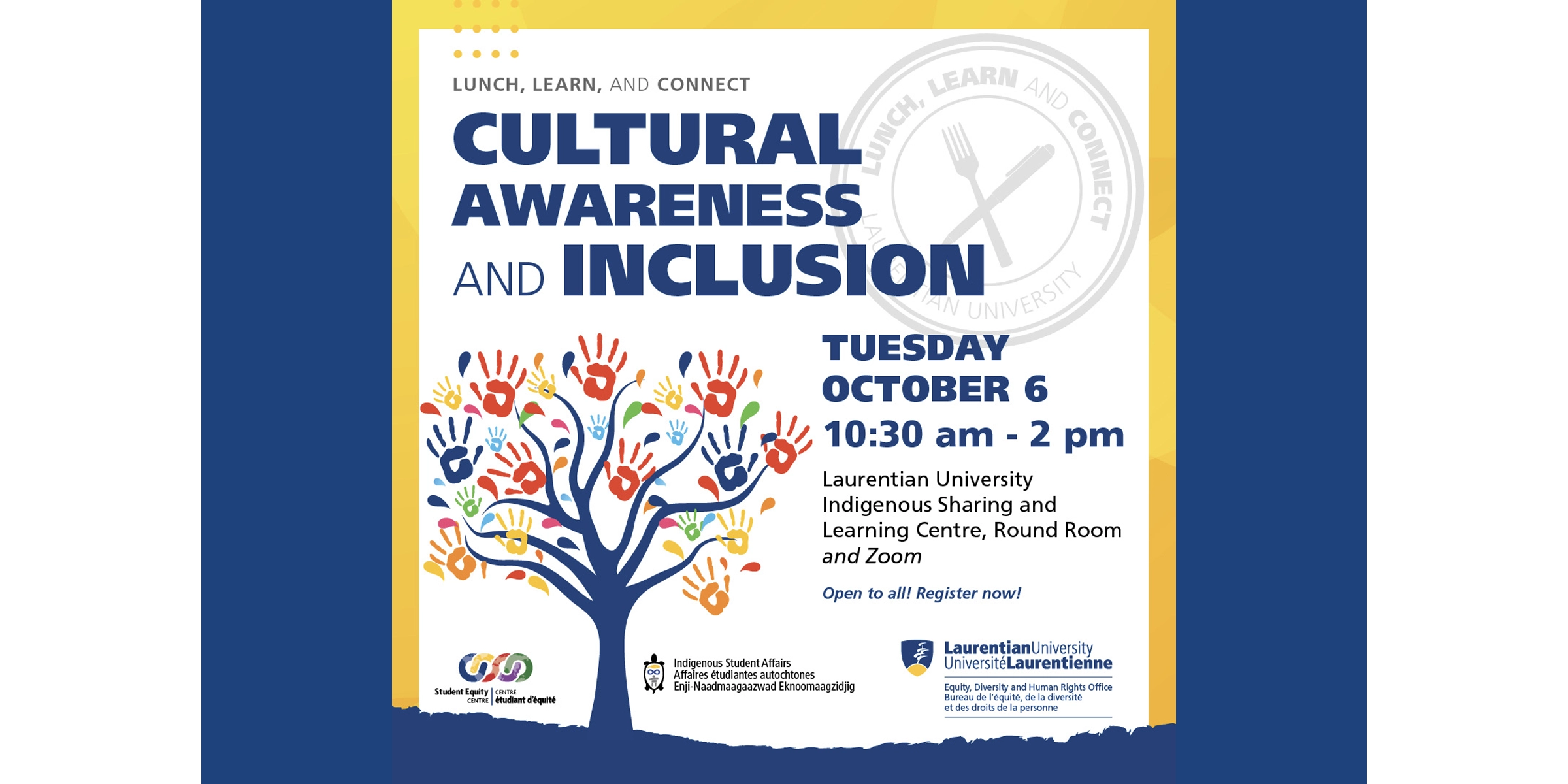 Promotional graphic for the Cultural Awareness and Inclusion Lunch and Learn: a blue tree with multicoloured handprints forming the leaves.