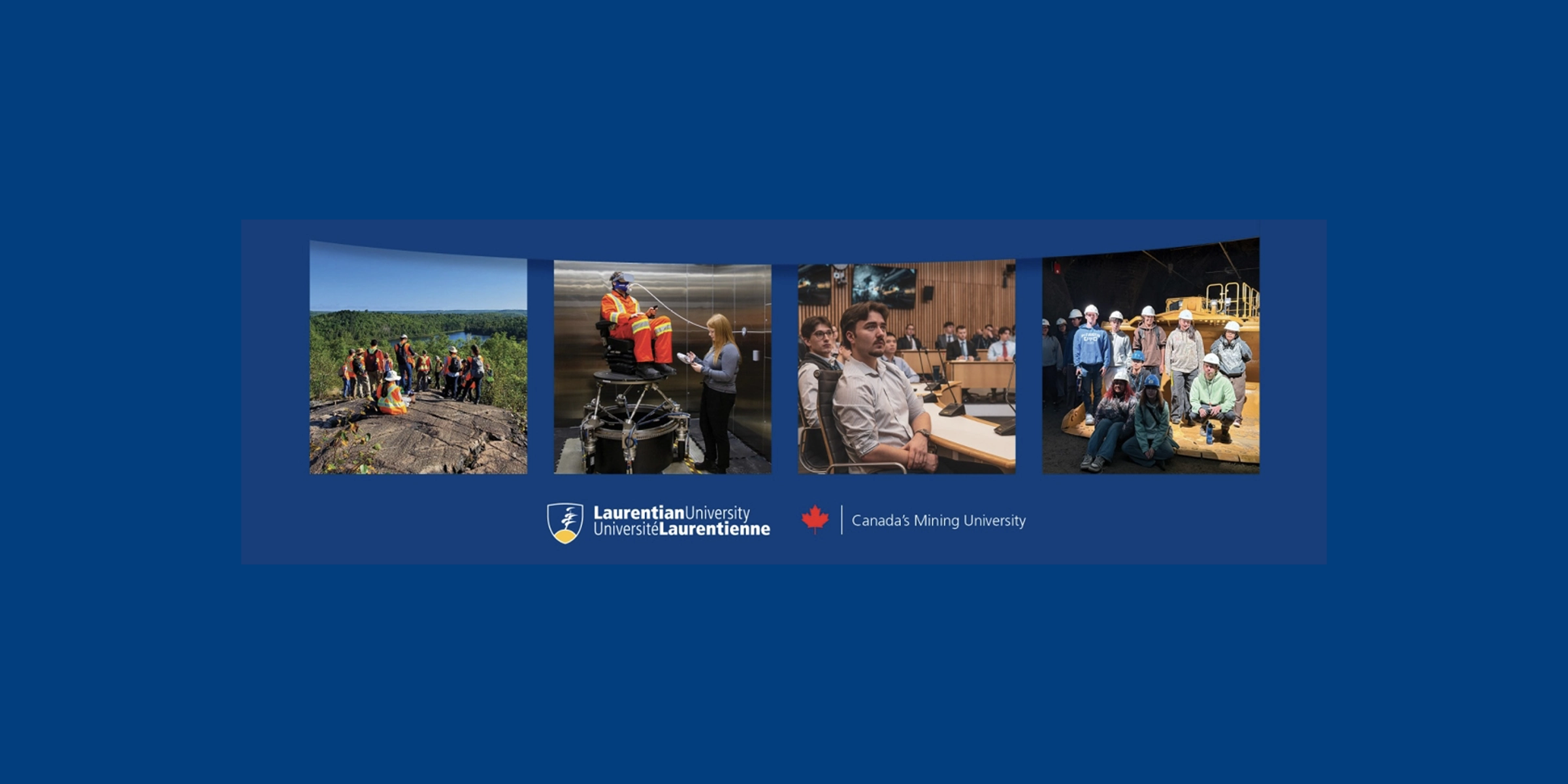 Four photos of mining and geology students in lecture, in the field, and on trips.