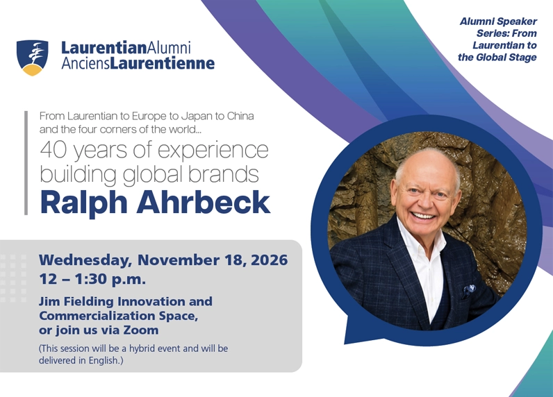 Promotional graphic for the Alumni Speaker series, featuring a headshot of Ralph Ahrbeck. 