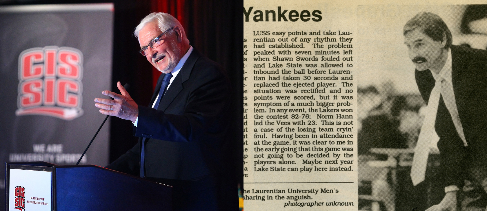 Side-by-side composite photo featuring former head coach Peter Campbell. On the left, Campbell speaks at a podium in front of a Canadian Interuniversity Sport backdrop. On the right, an archived newspaper clipping displays a younger, suit-and-tie-clad Campbell on the sidelines alongside a sports article excerpt. 