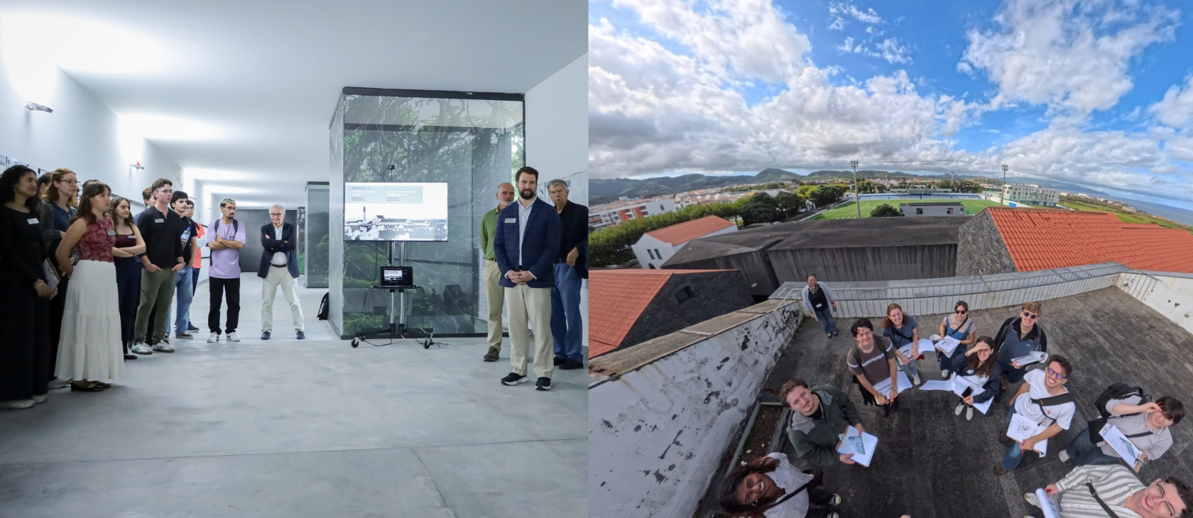 Left: Students and guests attend an exhibition at the University of the Azores. Right: McEwen School of Architecture students look up toward the camera from an outdoor terrace at Arquipélago – Contemporary Arts Centre.