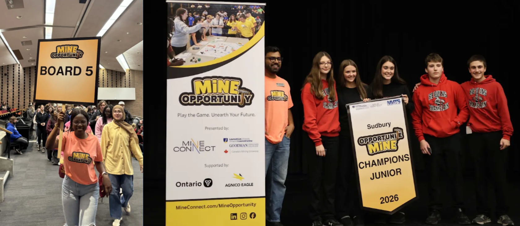 A two-panel photo showing a student holding a "Board 5" sign in an auditorium on the left, and the French Junior Champions team posing on stage next to an event banner on the right. 