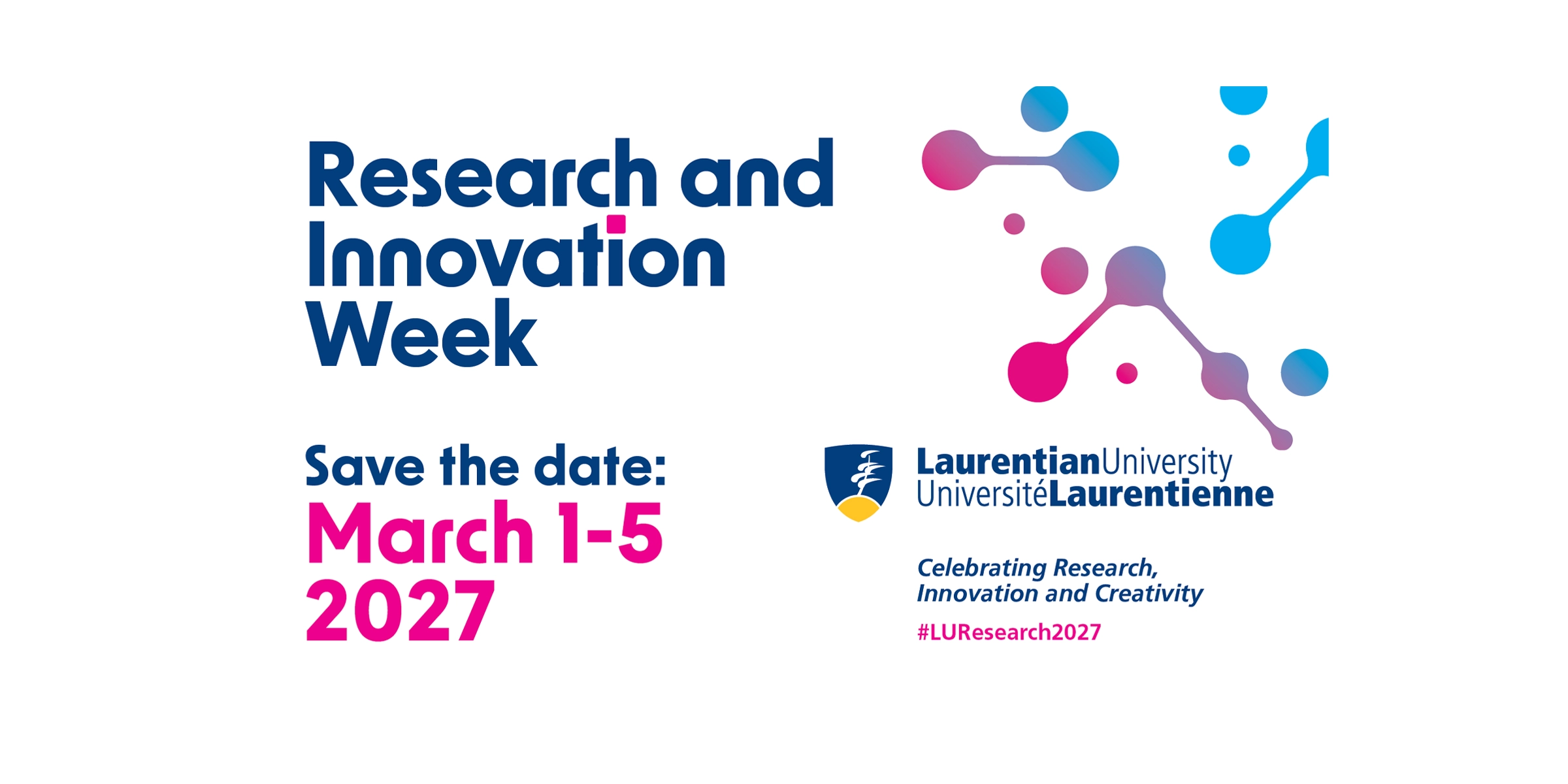 Promotional graphic for Research Week 2027: a white background with a blue and pink geometric pattern.
