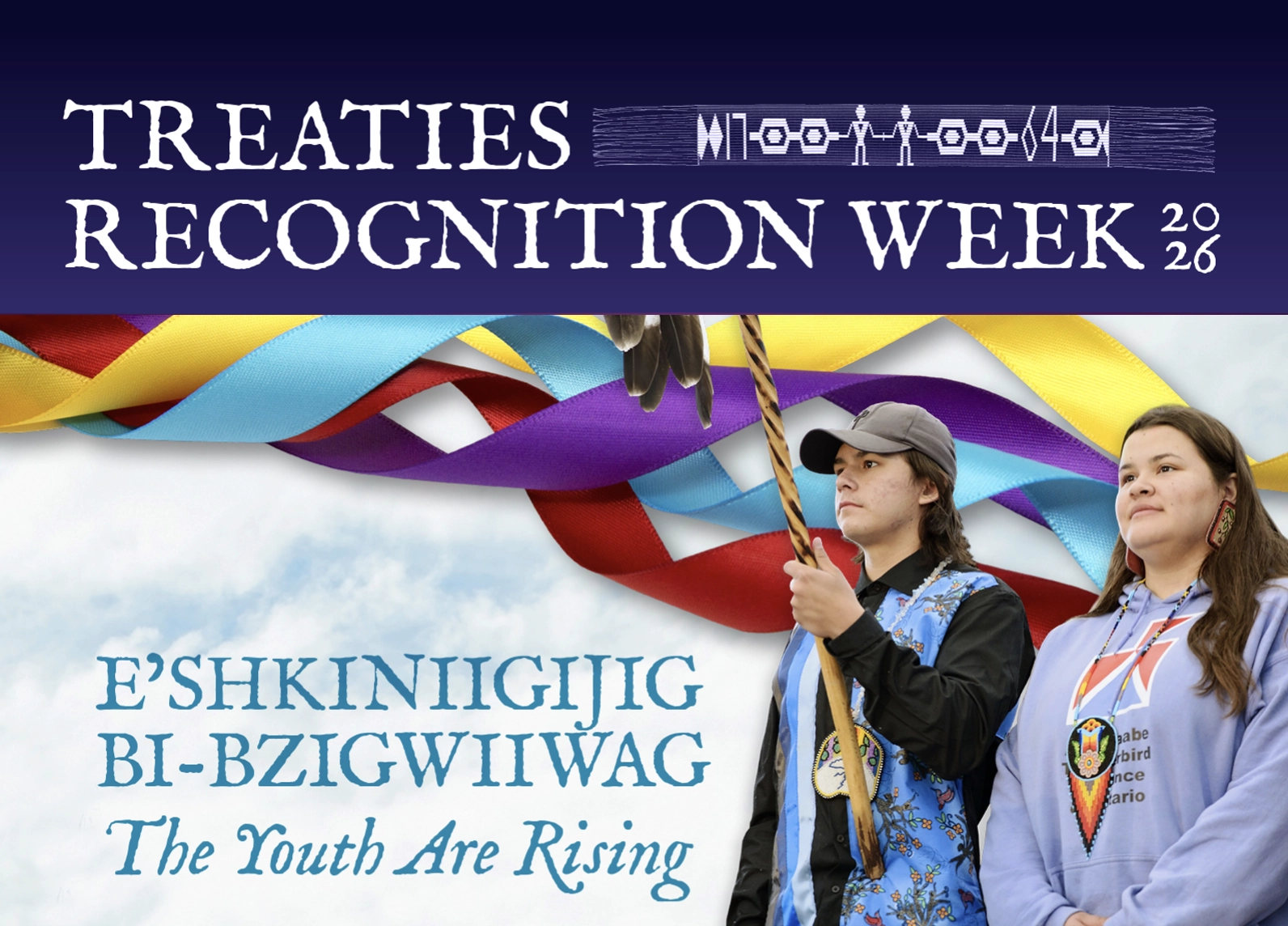 Promotional graphic for Treaties Recognition Week, depicting two Indigenous young adults with the text: The Youth Are Rising.
