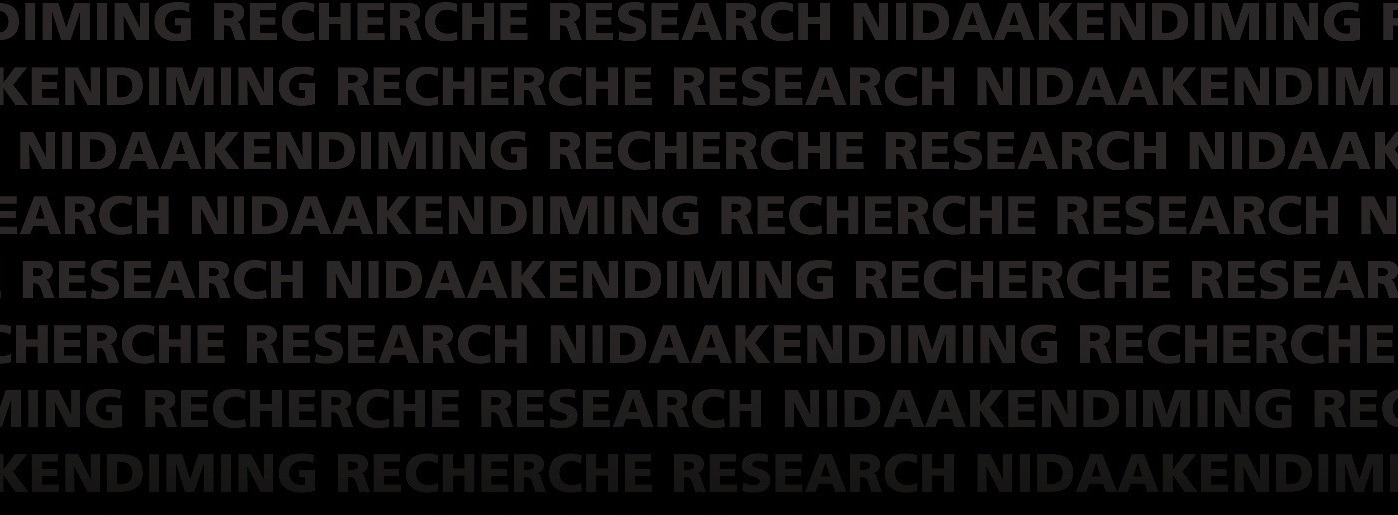 The word "Research" in English, French and Anishinaabemowin