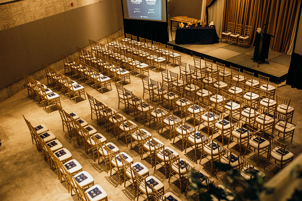 Group of chairs lined up for an event
