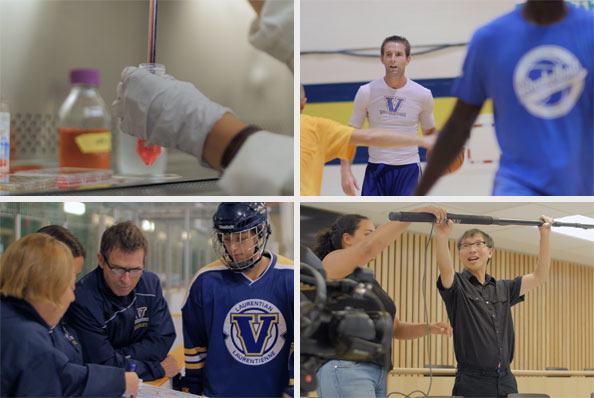 Students in a lab. Students playing basketball and hockey. Students in a classroom