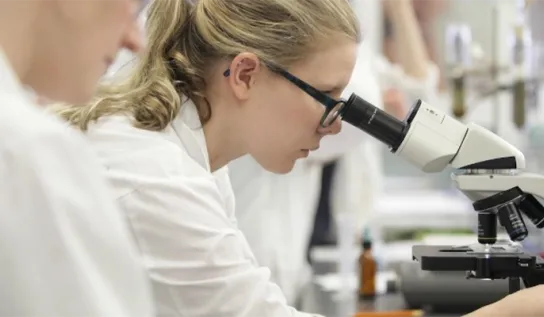 a student looks into a microscope while performing a lab