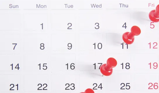 White calendar with red thumbtacks pinned to important dates.