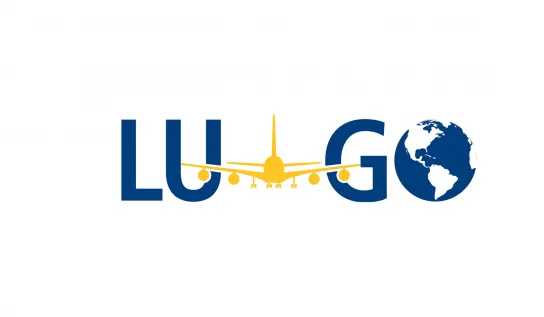 The logo for Laurentian University Global Opportunities (LUGO): a yellow airplane centred between the letters LU and GO, with a globe forming the O.